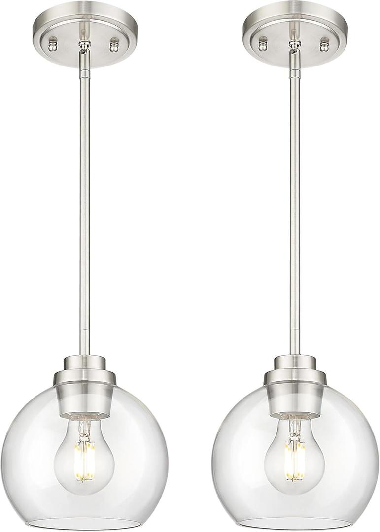 Pendant Lights Kitchen Island 2 Pack, 7" Modern Brushed Nickel Hanging Lights Fixtures with Clear Glass Globe Shade, Kitchen Island Lighting for Bathroom, AD-22280-1P2-SN-C