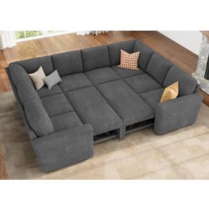 HONBAY Modular Sectional Pull Out Couch Bed, Corduroy Sleeper Sofa with Storage Seats, Oversized U Shaped Sectional Couches for Living Room, Dark Grey
