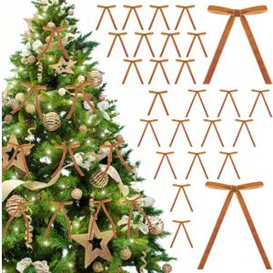 26 Pcs Velvet Christmas Bows, Flocked Christmas Ornaments Christmas Ribbon Bows for Tree Wreath Door Garland Home Decor Outdoor Indoor Khaki