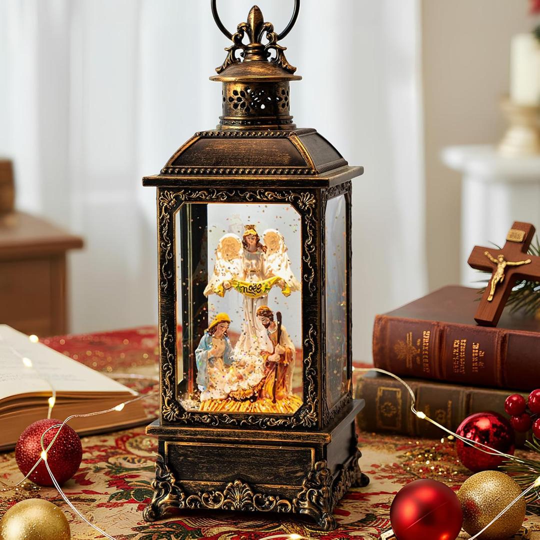 Christmas Snow Globe Swirling Glittering Angel & Nativity Scene with Music, USB Lined/Battery Operated Lighted Water Lantern for Christmas Festival Decoration Gifts (11.6'' Nativity)