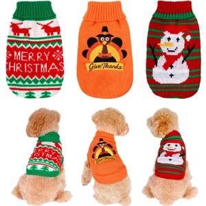 3 Pack Christmas Thanksgiving Dog Cat Sweaters Turkey Snowman Puppy Knitted Sweaters Turtleneck Knitwear for Small Dogs Cats,XL (Multi-colored)