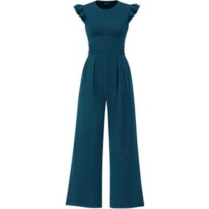 PRETTYGARDEN Summer Jumpsuits for Women Dressy 2026 Fashion Ruffle Cap Sleeve Romper Crew Neck Rib Knit One Piece Outfits (Blue, L)
