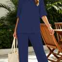 Lounge Sets for Women 2026 Summer Casual 3/4 Sleeve Tops and Pants Soft Loungewear Travel Outfits with Pockets (Blue, S)