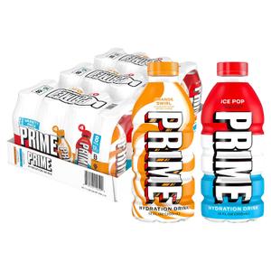 PRIME Hydration Ice Pop & Orange Swirl Sports Drinks with Coconut Water, Electrolyte Enhanced to Replenish Fluids, Zero Added Sugar, B Vitamins, Antioxidants, Natural Flavors, 12 Fl Oz 24 Pack, BB 05-2027