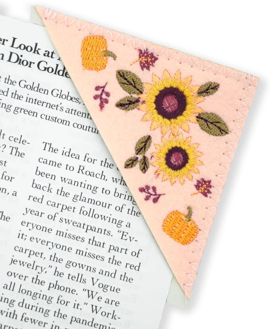 6 x Personalized Hand Embroidered Corner Bookmarks for Women-Seasons Felt Triangle Page Stitched Leather Bookmark,Unique Cute Flower Embroidery Book Marker Clip for Book Lovers' Gifts (Autumn)