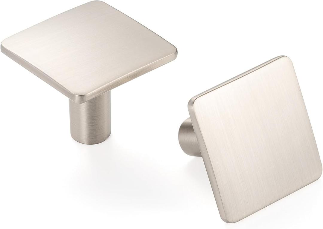 Brushed Nickel, Round Shank Square Kitchen Cabinet Knob ZK2201 | Pack of 10, Modern Pull Handle, Solid Hardware for Drawer, Dresser, Bathroom, Vanity, Furniture, Cupboard, Size: 1-1/4 Inch