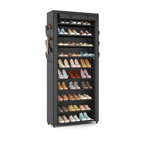 VTRIN Vertical Narrow Shoe Rack Organizer Tall Shoe Rack for Closet Entryway 10 Tier Non-Woven Cover Shoe Shelf Holds 36-41 Pairs Free Standing Shoe Storage Cabinet with Dustproof Cover, Black
