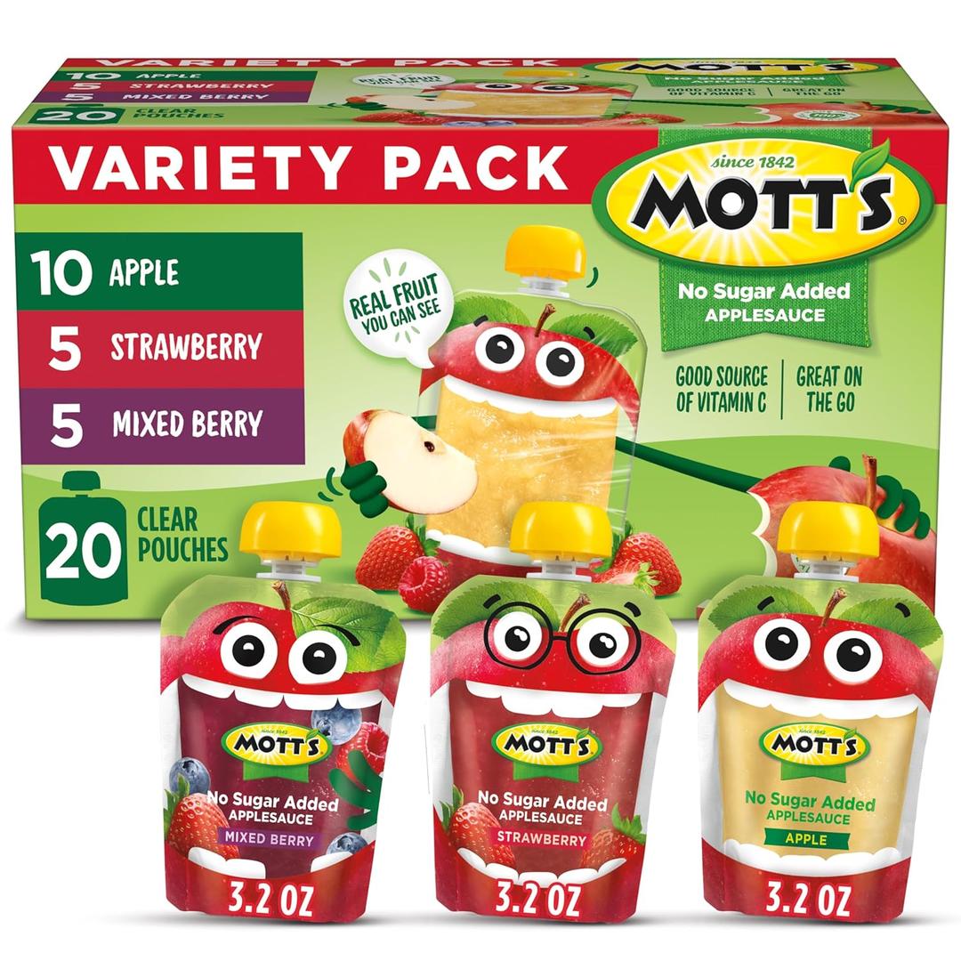 Mott's No Sugar Added Applesauce Variety Pack, 3 Flavors Apple, Strawberry & Mixed Berry, Made from Real Fruit, No Artificial Flavors, 3.2 oz Clear Pouches, 20 Pack, Best By: 10/08/2025