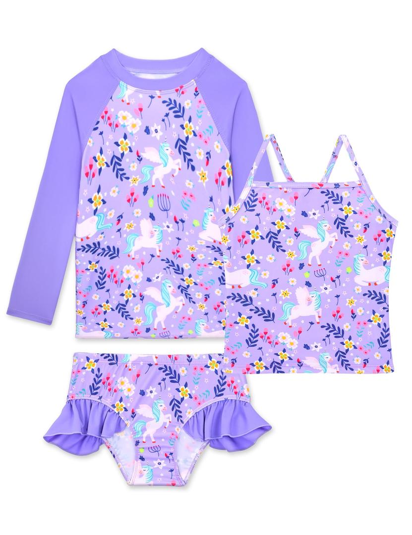 Girls Tankini Swimsuit Size 3t 4t Purple Flower Horse 3 Pieces Rash Guard Set with Ruffle Bottom (Purple)