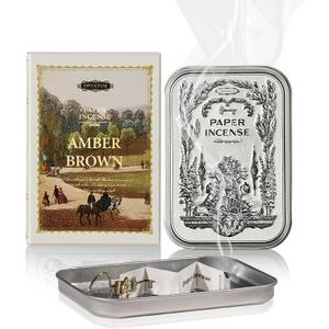 Paper Incense - 48pcs with Vintage Tin Case, Burning Papers Infused with Natural Essential Oils, Quick Usage & Long-Lasting Fragrance, Eliminating Bathroom, Kitchen, Pet Odors - Amber Brown