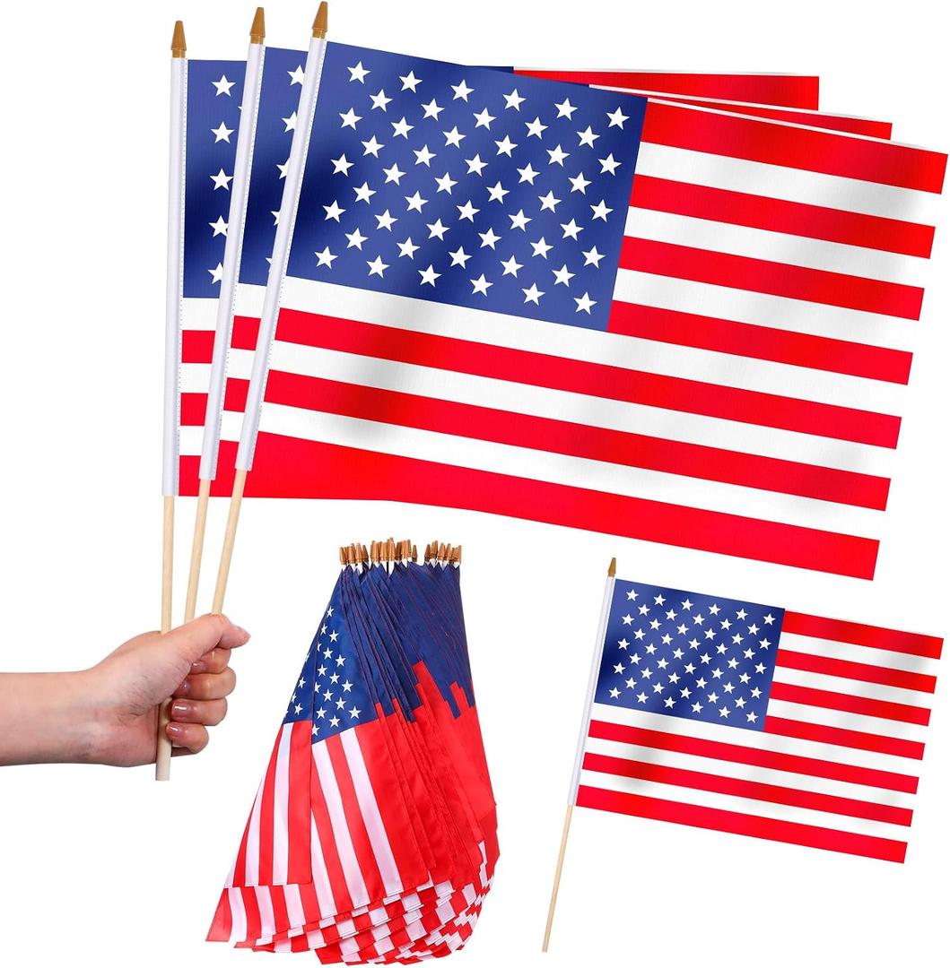 Newwiee Large American Flag on Stick 16 x 24 Inch American Hand Held Stick Flag Handheld Us Flag 4th of July USA Flag with Wooden Spear Top for Memorial Day Yard Garden(12)