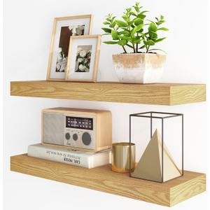 Fun Memories Floating Shelves for Wall, 24Inch Floating Shelves Set of 2, Hanging Shelf with Invisible Brackets, Wood Shelves for Living Room, Bedroom, Kitchen, Oak (23.6'', Set of 2)