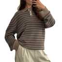 Women Oversied Stripd Rugby Shirt Y2k Long Sleeve Button Collared Preppy Polo Sweater Vintage Aesthetic Streetwear Light Brown (XL)