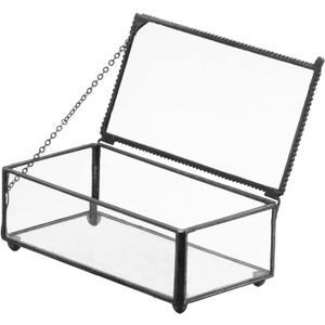 Vintage Glass Jewelry Box Keepsake Box with Hinged Lid, Great for Storage Trinket/Jewelry/Card/Photo, Black Decorative Box for Dresser-15612EX (Large)