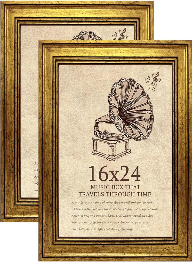 16x24 Picture Frame with Real Glass set of 2, Vintage Frames - Antique Style Frames for Wall - Ornate Frame for Rustic Gold Office or Home Decor Display Family Friends Wedding Gift, 16x24in