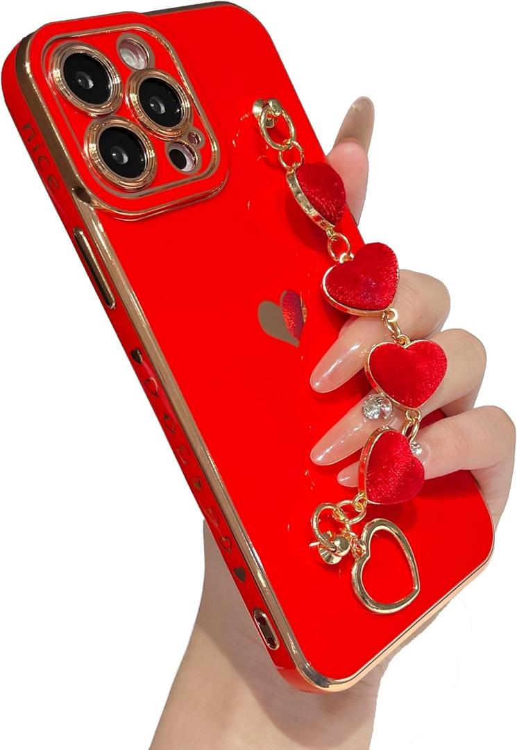 Caseative for iPhone 13 Pro Max Case,Cute Plating Love Heart Wrist Strap Chain Bracelet Phone Case (Red)