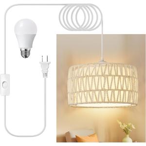 Plug in Pendant Light, Rattan Hanging Lights with Plug in Cord, Woven & Fabric 2 in 1 LampShade, Hanging Lamp Plug in for Bedroom Living Room Kitchen Island-Cream (Bulb Included)
