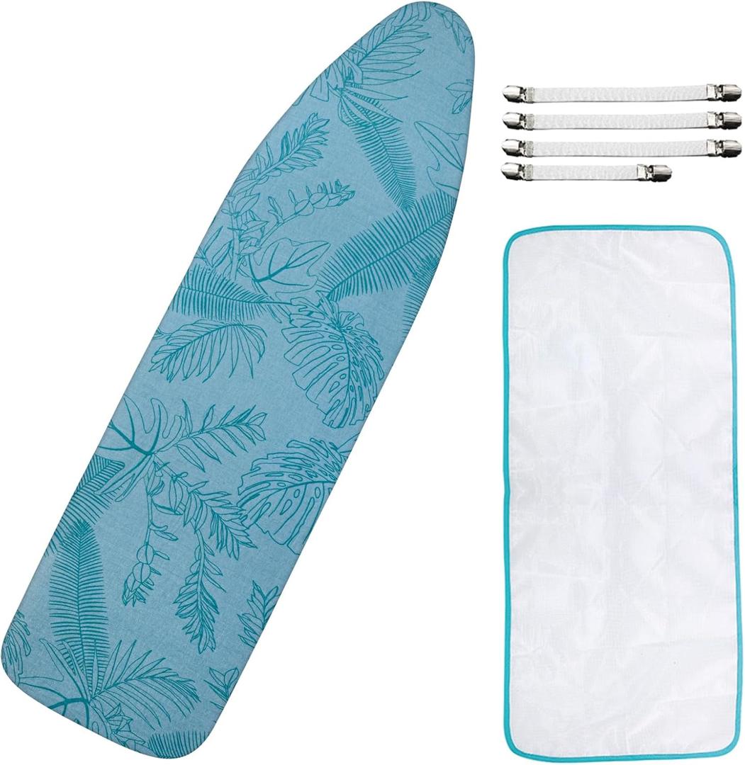 Ironing Board Cover and Pad, Standard Size 15x54 Iron Board Cover with Padding, Scorch & Stain Resistant Thick Iron Padded, Non-Slip Elastic Edge & Fasteners Clips for Daily Ironing, Tropical