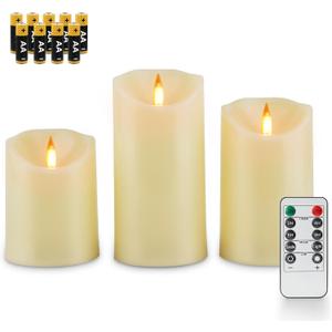 Fanna 3 Ivory Flameless LED Candles with Dynamic Lifelike Flickering Flames for Church and Weddings, Battery Operated Plastic Candles with Timer and Remote, Batteries Included - H 4"/5"/6"