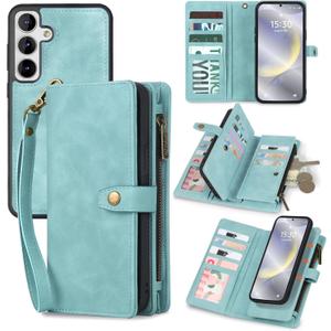 TwoHead for Samsung Galaxy S24 Wallet Case with Card Holder, Detachable Magnetic Phone Case for S24,PU Leather All-Round Protective Phone Case Wallet with Wrist Strap, Blue