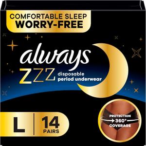 Always ZZZ Overnight Disposable Period Underwear for Women, Large, 360 Coverage for Worry-Free Nights, 14 Count (2 Packs of 7)