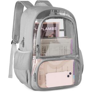Clear Backpack, Fabric & PVC Transparent Backpack with Reinforced Strap for Women Men, Heavy Duty Transparent Bookbag, Large Capacity Clear Bag, Travel, Security, Grey