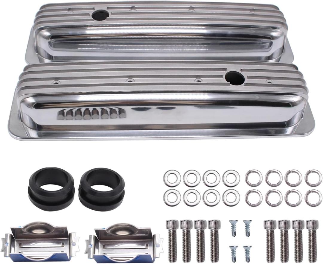 Aluminum Short Valve Covers Polished Finned Short Valve Covers Compatible for SBC Small Block Chevy 283 305 350 400 1958-86 Silver