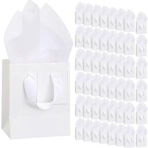 Qilery 50 Pcs Wedding Paper Gift Bags Bulk with Tissue Paper Small Gift Bags with Handle and Tags for Birthday Wedding Mothers' Day Party Business(White,4.7 x 2.4 x 3.9'')