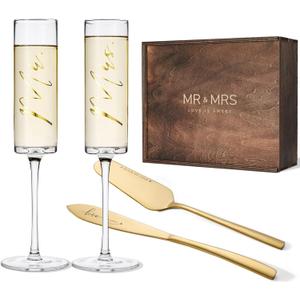AW BRIDAL Champagne Flutes Wedding Cake Cutting Set Bridal Toasting Champagne Glasses for Wedding, Gifts for Couple Cake Knife and Server Set for Anniversary Engagement Gifts (Gold)