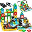 Magnetic Tiles - Road Set, City Race Track Travel Building Blocks with 2 Cars & Metal Box, Mini Magnet Tiles Outdoor Construction Toys for Boys, STEM Sensory Gifts for Toddlers 3-5 4-8 Years Old