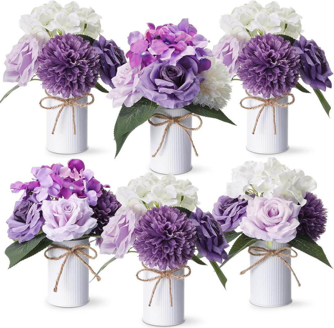 Zeyune 6 Sets Artificial Spring Centerpiece for Tables Fake Purple Plants with Galvanized Pots Farmhouse Purple Flowers Bouquet for Wedding Home Office Rustic Decor