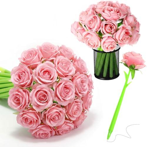 Ctosree 12 Pcs Flower Pens Artificial Mother's Day Rose Pens Bulk Floral Gel Ink Ballpoint Black for for Women Wedding Spring Home Office Supplies(Pink,Rose)