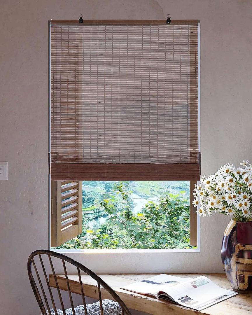 32''W X 72''H Cordless Bamboo Roman Shades, Light Filtering Roll Up Bamboo Matchstick Blinds for Interior Window Home Patio Porch, Dark Brown