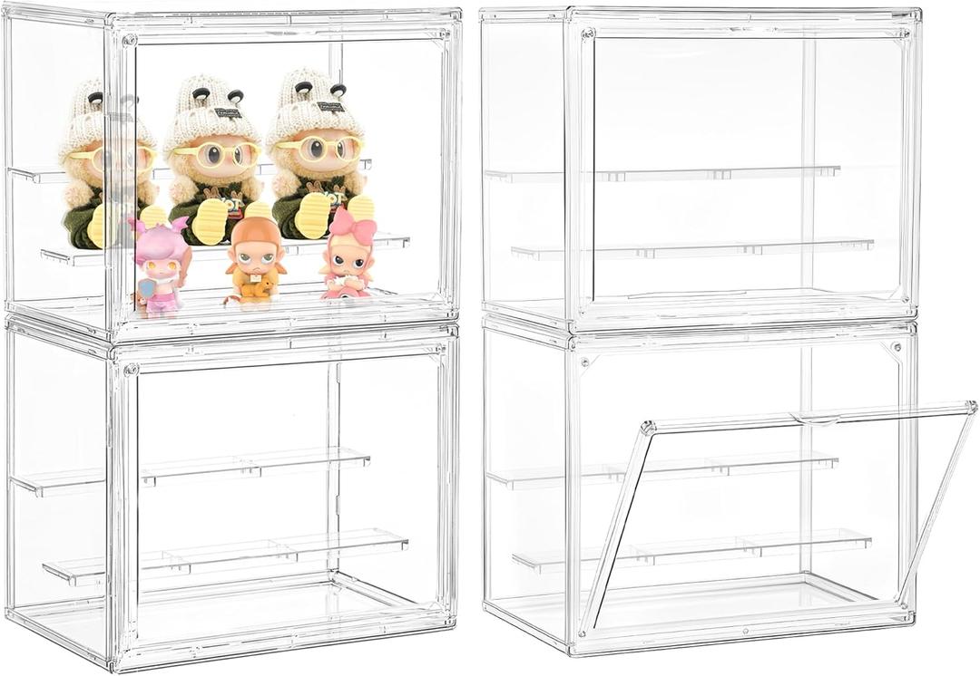 LXLXXL Small Acrylic Display Case for Collectibles 3 Layer Adjustable Display Case with Magnetic Door Clear Stackable Display Box for Mini Figures, 4 Pack
