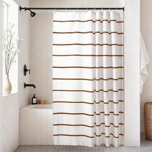 Treory Brown and White Striped Shower Curtain Set with Hooks, Waterproof Fabric, Neutral Tone Printed Hand-Drawn Stripe Design, Modern Farmhouse Bathroom Decor, 72" x 72"
