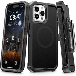 for iPhone 13 Pro Max & 12 Pro Max Case with Belt Clip Holster, Anti-Shock, Anti-Slip, Compatible with MagSafe, 3-Layer Drop Protection, Heavy Duty Magnetic Phone Case Cover, 6.7", Black