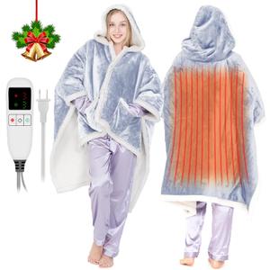 Heated Shawl Wrap Electric Snuggle Throw Wearable Heated Throw Blanket for Women Heated Poncho with Sleeves Flannel&Sherpa Electric Robe Heated Throw Hoodie Blanket with 9 Temp 51"x63" (Light Grey Throw)