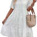 Chouyatou Women's Lace Eyelet Short Sleeve Tiered Midi Long Dress Ruffle Hem Babydoll Short Dress, XL