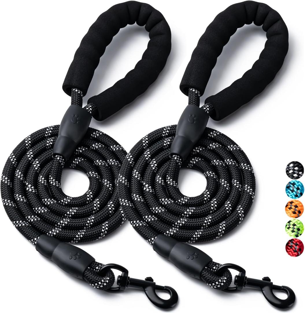 2 Pack Dog Leash, 4/5//6 FT Heavy Duty Nylon Rope Pet Leashes with Comfortable Padded Handle, Reflective Dog Leashes for Small Medium and Large Dogs (6FT-1/2,Black/Black)