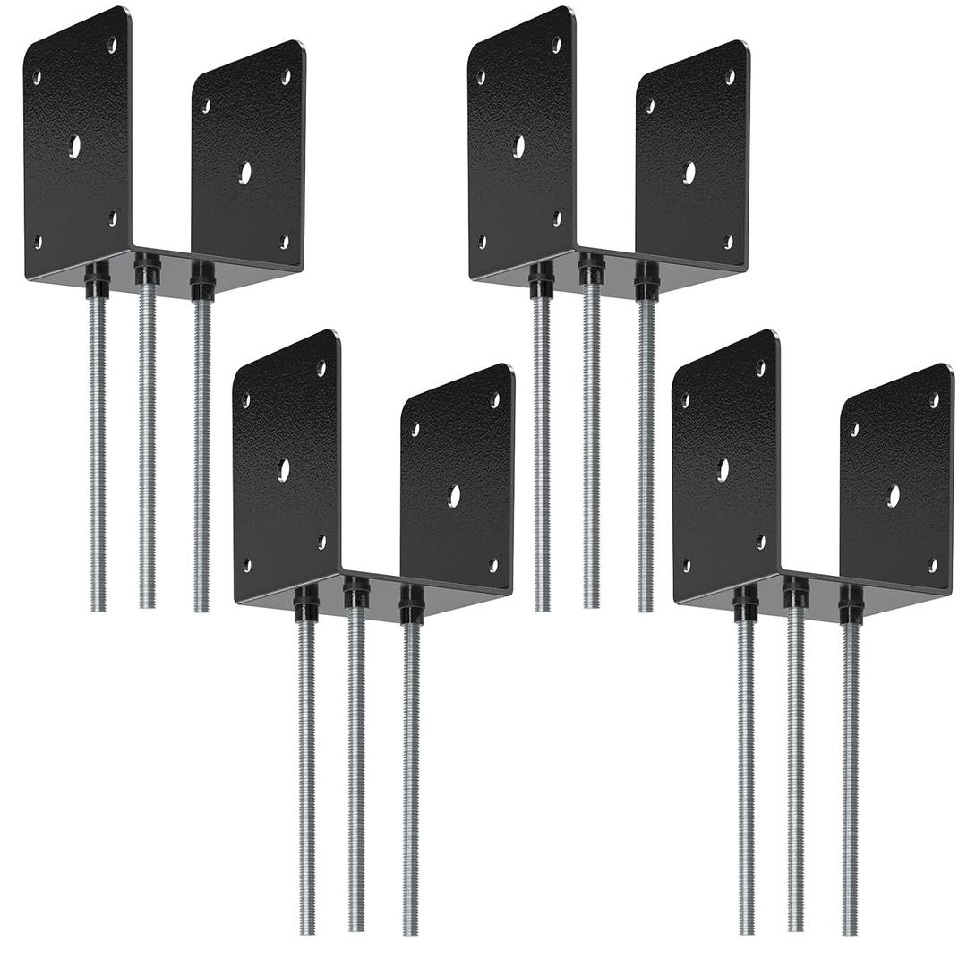 4x4 Concrete Post Base(4 PCS), Deck Post Base Holder Ground Spike for Concrete, Decking Post Brackets with 3 Anchor Rods, Post Base for Pavilion Deck Porch Handrail Railing