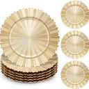 6 Pcs Gold Charger Plates,13 Inch Elegant Fluted Edge Plastic Charger Plates Reusable Table Chargers for Dinner Birthday Wedding Party Bridal Showers Tableware Dishes Luxury Decor