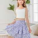 RoseSeek Girl's 2 Piece Outfits Lace Ruched Camisole Tops and Shirred High Waisted Layered Floral Skirts Set (Purple and White)