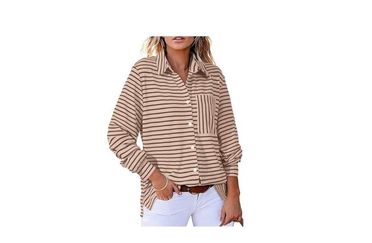 Astylish Women's Casual Blouses Button Down Business Work Tops Long Sleeve V Neck Striped Shirts 2025 Fall Outfits
S