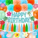 Faccito 59 Pcs Hawaii Birthday Party Decoration Tropical Happy Birthday Banner Balloons Paper Pom Poms Paper Tassel Hanging Swirl Hibiscus Cards for Hawaii Luau Tiki