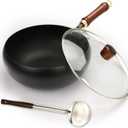 Suntuup Japanese Iron Pan, Uncoated Non-Stick Frying Pan, 11 Inch Stir Fry Pan for Cooker Gas with Glass Lid and Spatula, Durable and Rust-Free