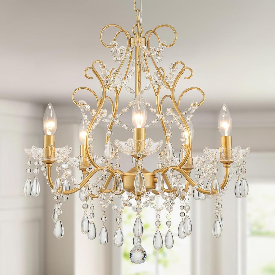 WUZUPS 5-Light Crystal Candle Chandelier Pendant Ceiling Light Modern Lighting Fixture for Bedroom Hallway Bar Kitchen Bathroom, H 23.2" W 20.7", E12 Base, Gold, Pendant Light, 23.2" High 20.7" Wide