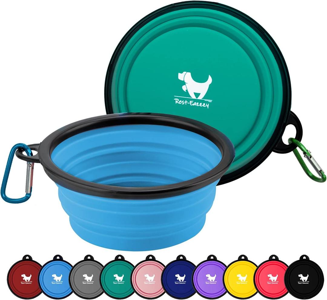 Collapsible Dog Bowls for Travel, 2-Pack Dog Portable Water Bowl for Dogs Cats Pet Foldable Feeding Watering Dish for Traveling Camping with Carabiners, BPA Free (Green&Blue, Medium (Pack of 2))