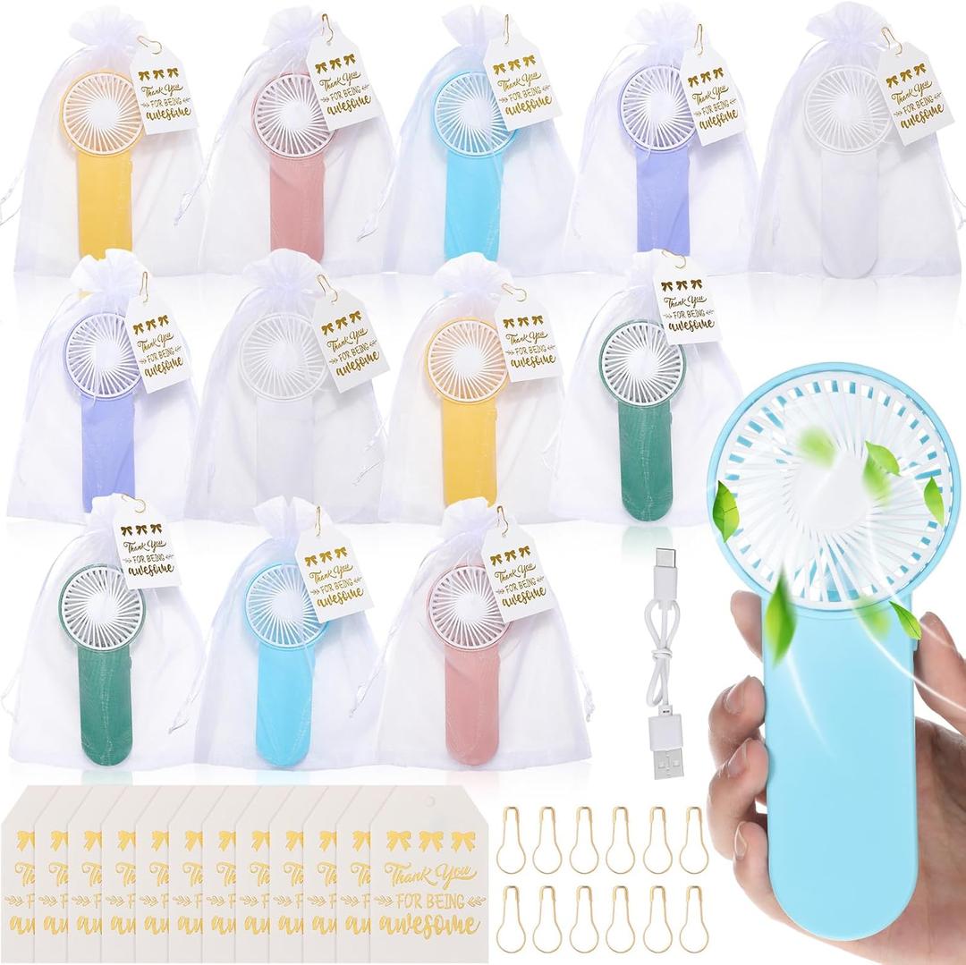 Sumind 12 Set Mini Handheld Fans Bulk with Thanks Cards Bags Summer Wedding Favors Thank You Gifts Battery Powered Portable Fans Employee Appreciation Gifts for Coworker Staff Travel Camping