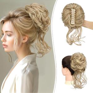 SOFEIYAN Claw Clip Messy Bun Hair Piece Curly Wavy Hair Bun Clip in Claw Chignon Ponytail Extensions Synthetic Tousled Updo with Tendrils Hairpieces Accessories Scrunchies for Women (CX-Light Ash Brown Mix Bleach Blonde)