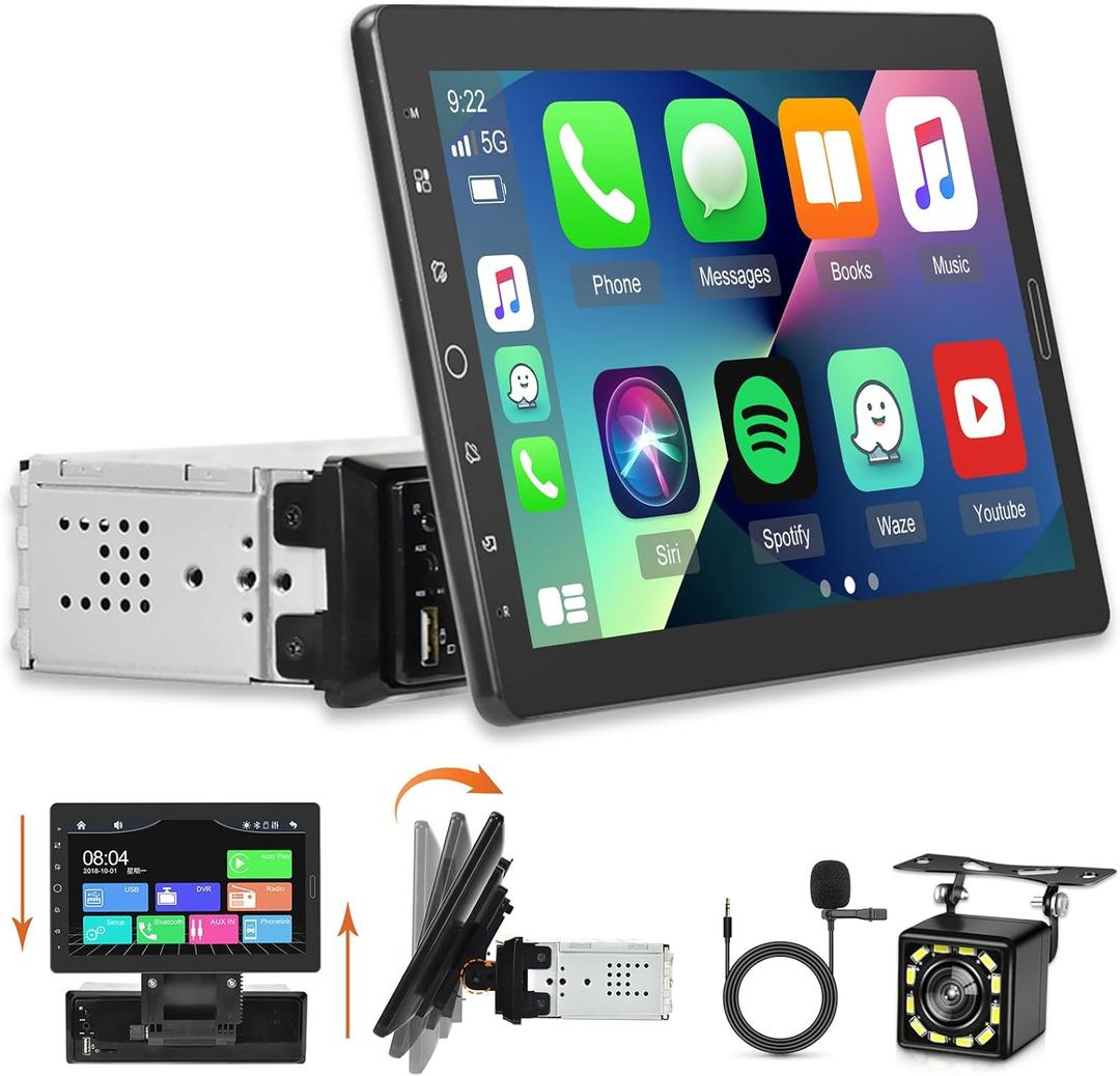 10.1 inch Single Din Car Stereo with CarPlay and Android Auto, Detachable Touch Screen Radio with Mirror Link/1080P/EQ Audio/SWC/Bluetooth +Backup Camera+MIC